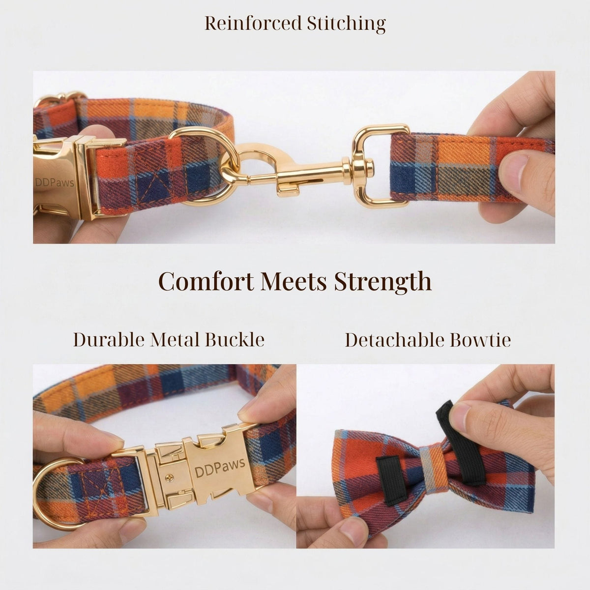 Plaid dog harness and collar with gold metal buckle and detachable bow tie