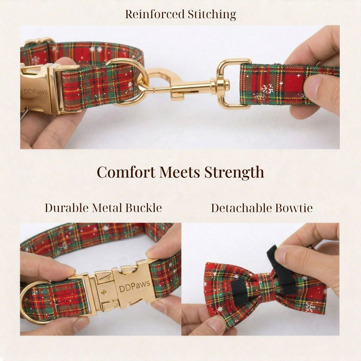 Red and green plaid dog collar with metal buckle and detachable bowtie close-up