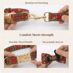 Red and green plaid dog collar with metal buckle and detachable bowtie close-up