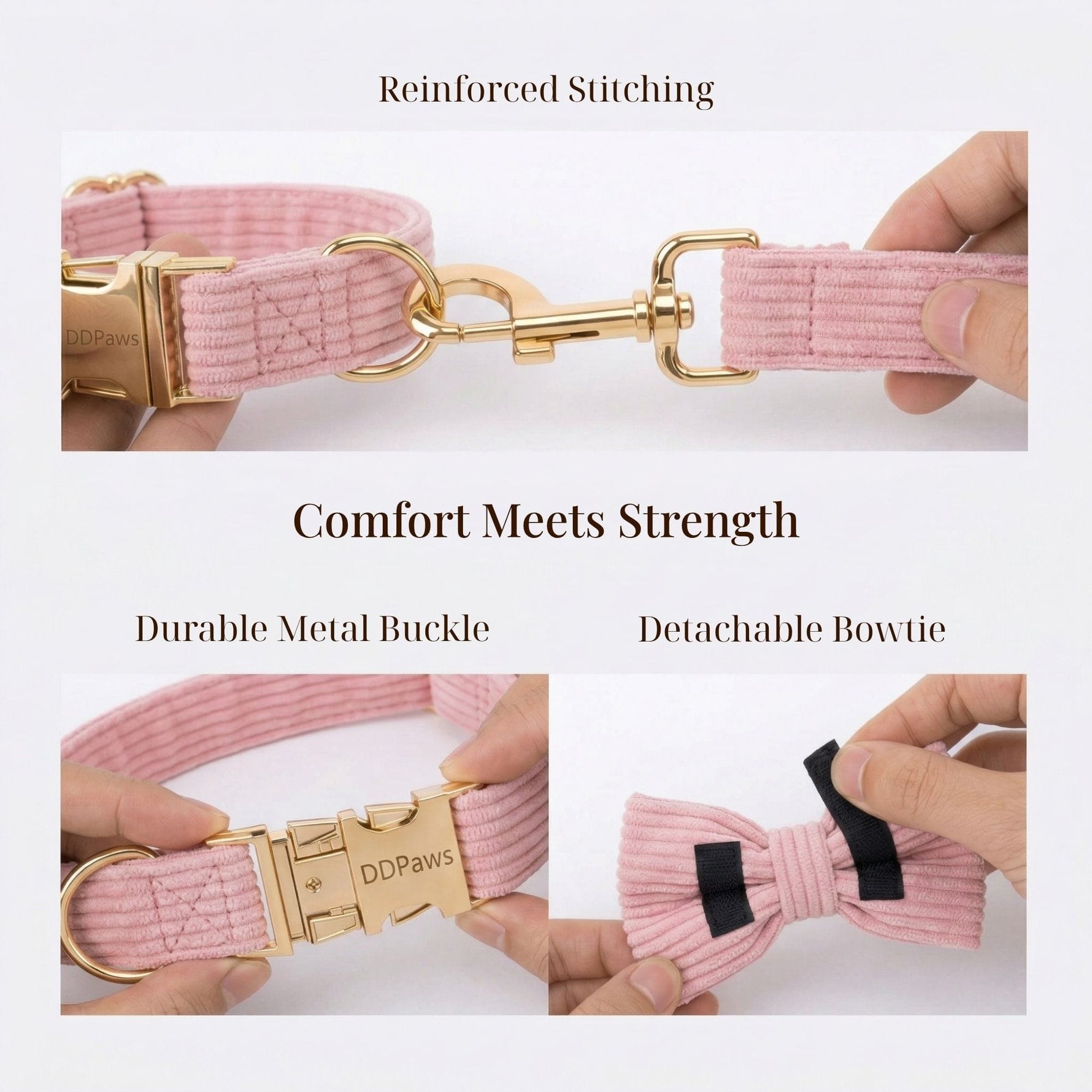 Pink corduroy dog collar buckle and bowtie detail with gold hardware