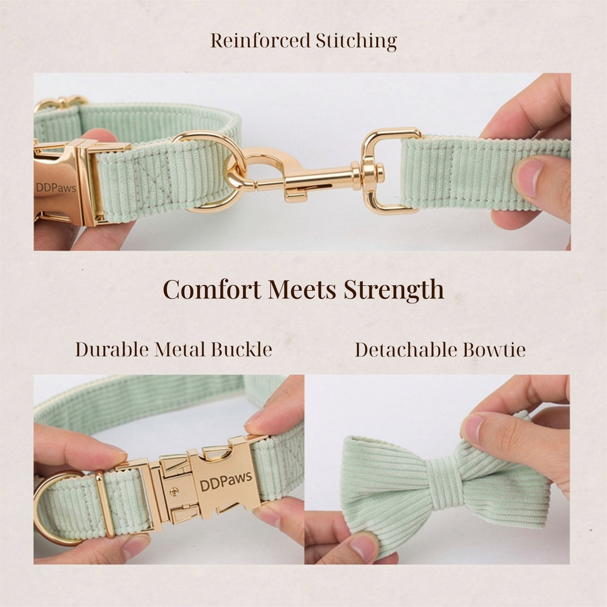 Light green corduroy dog harness features: reinforced stitching and detachable bowtie