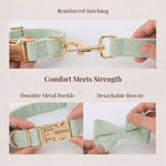 Light green corduroy dog harness features: reinforced stitching and detachable bowtie