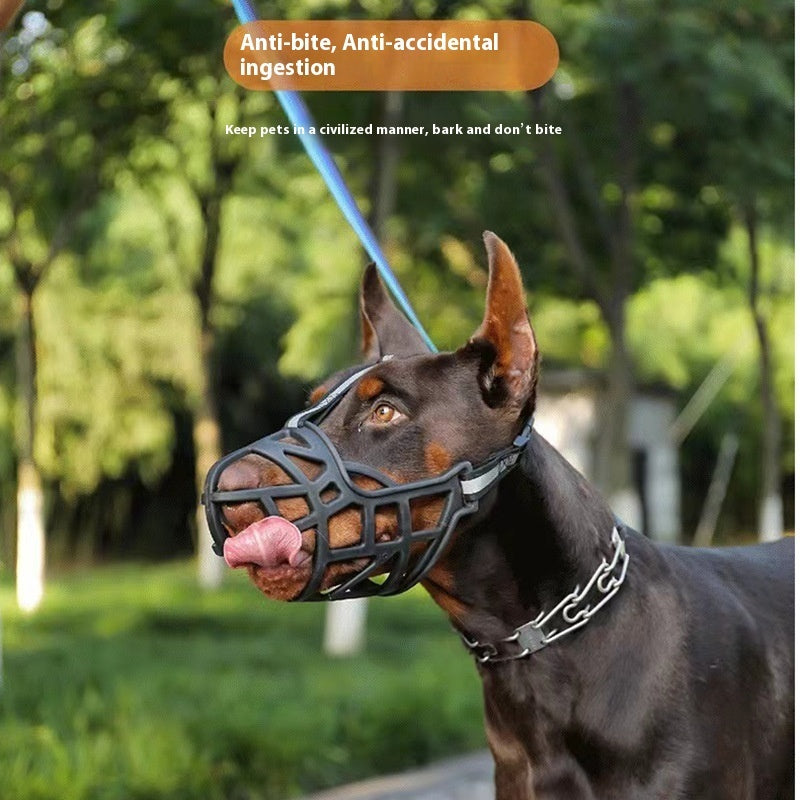 Black anti-bite dog muzzle with metal cage, secured with neck and head straps
