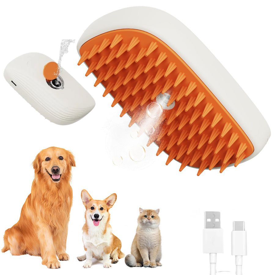 White and orange steam pet brush with wide orange bristles and steam nozzles