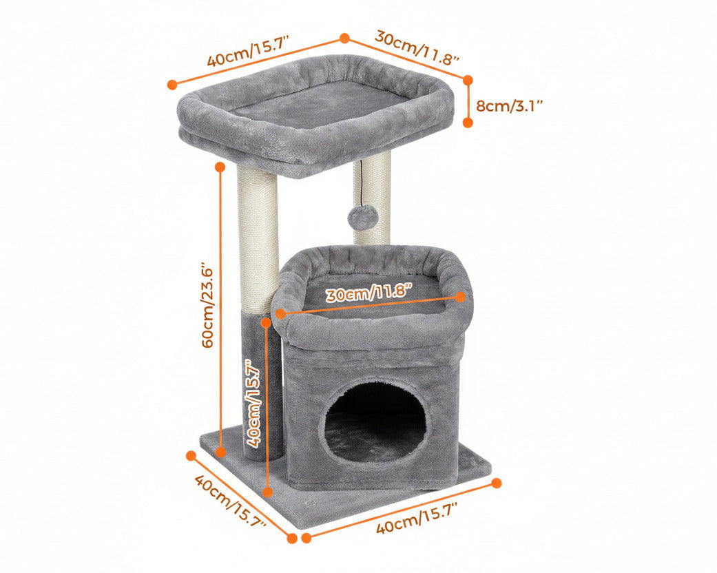 Gray multi-level cat tree condo size chart showing plush perch and enclosed hideaway