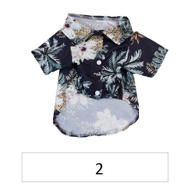 Hawaiian pet shirt, dark navy with palm and pineapple prints, button front and short sleeves