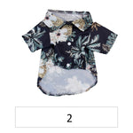Hawaiian pet shirt, dark navy with palm and pineapple prints, button front and short sleeves