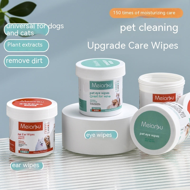Pet cleaning wipes assortment with three canisters for ear wipes and eye wipes