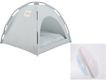 Pet tent bed with cushion in light gray, arched entrance, open front and side view