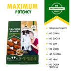 Calcium bones with chicken dog chew pouch with maximum potency label and icons