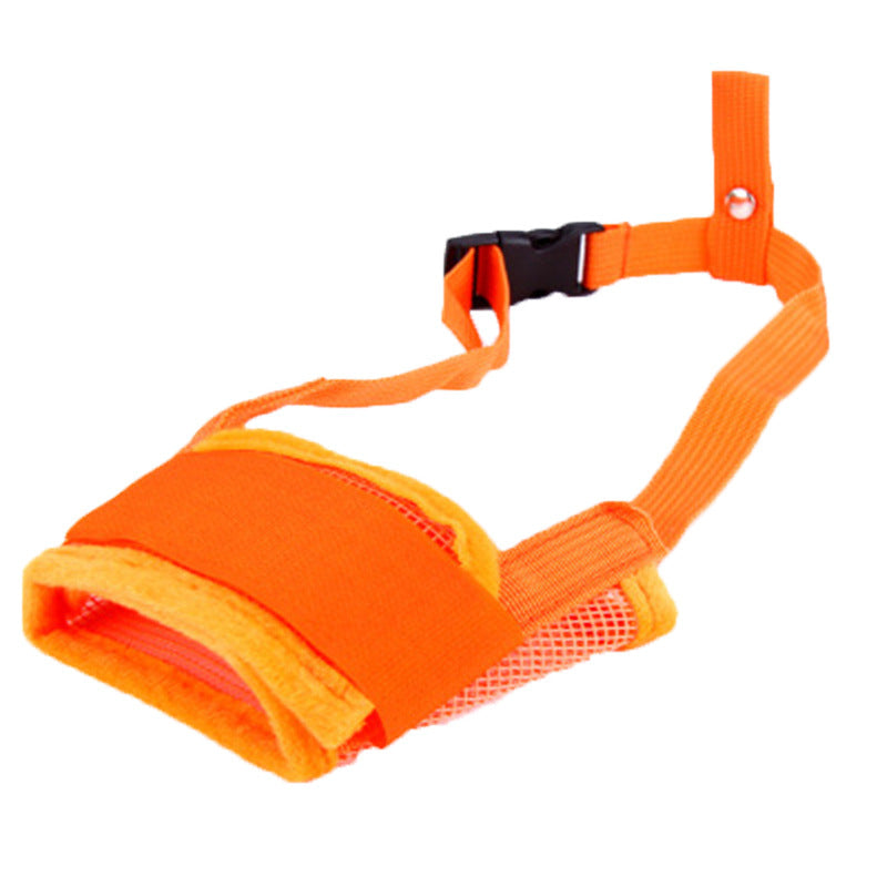 Orange adjustable pet muzzle mask with mesh guard and buckle strap