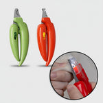 LED pet nail clippers with safety guard, green and red set; close-up of the clip area