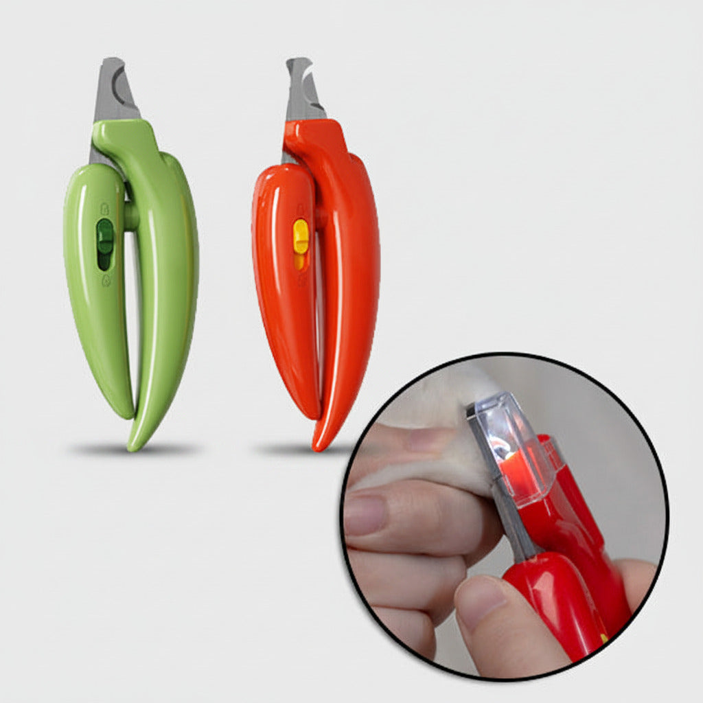 LED pet nail clippers with safety guard, green and red set; close-up of the clip area
