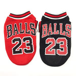 Mesh basketball jersey set: red “BALLS 23” and black “BALLS 23” with striped collar