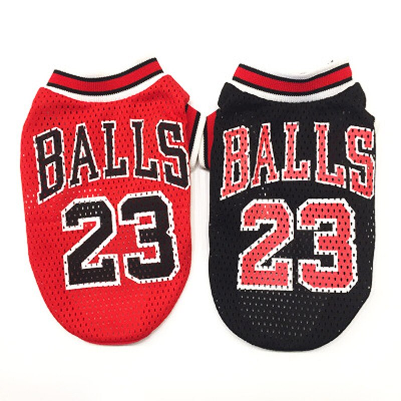 Mesh basketball jersey set: red “BALLS 23” and black “BALLS 23” with striped collar