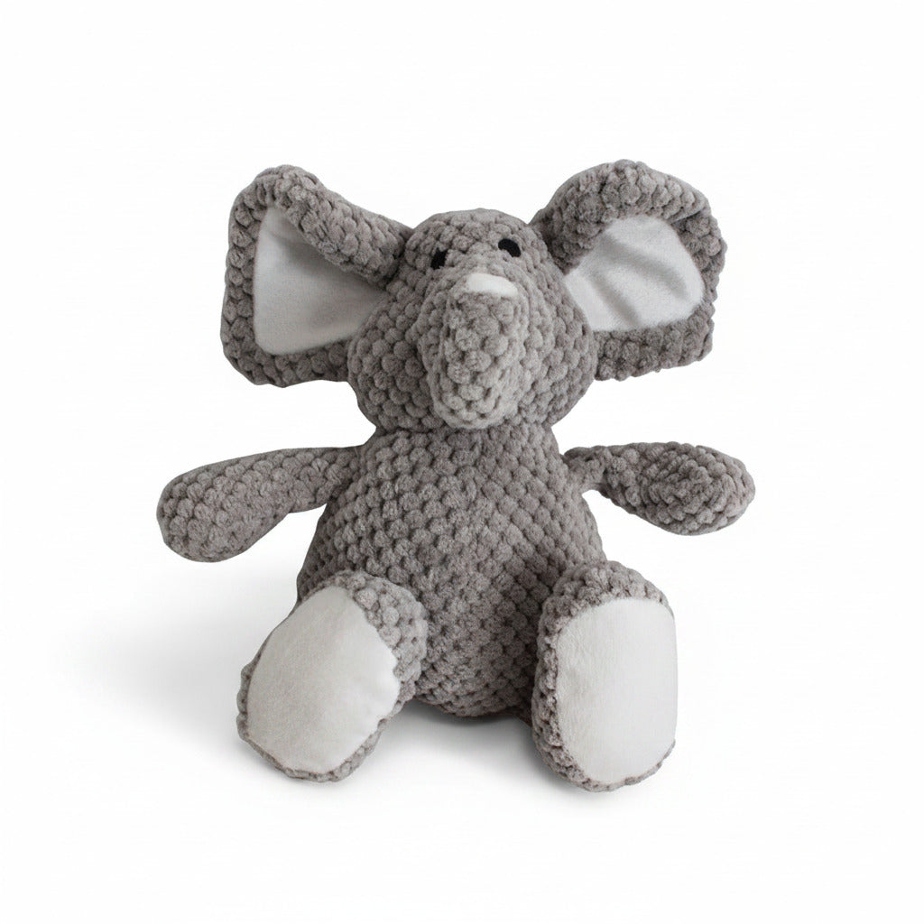 Gray elephant plush pet toy with crocheted texture, big ears, and soft legs