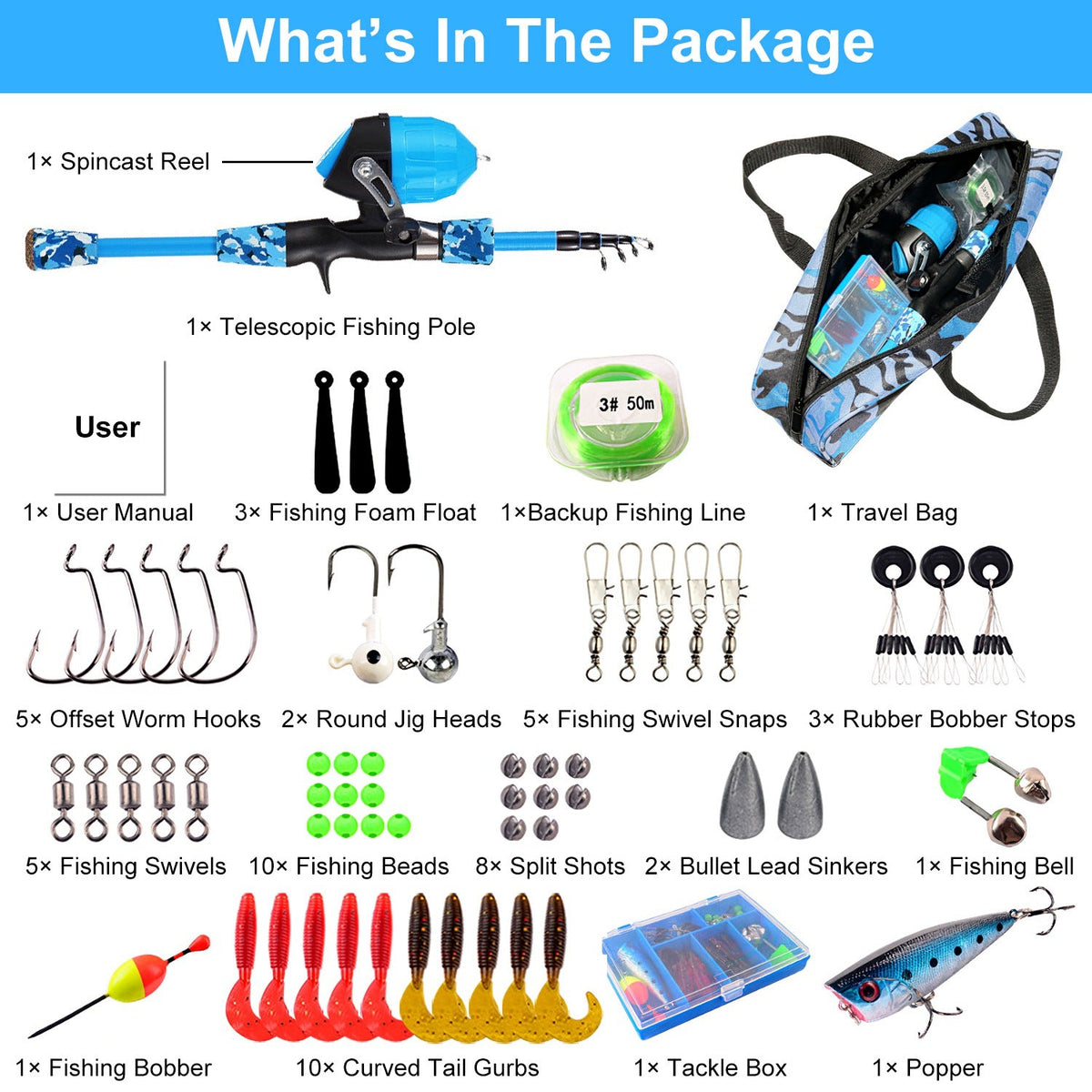 Kids fishing starter kit in travel bag with spincast reel, telescopic rod, tackle box, hooks