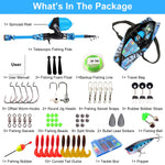 Kids fishing starter kit in travel bag with spincast reel, telescopic rod, tackle box, hooks