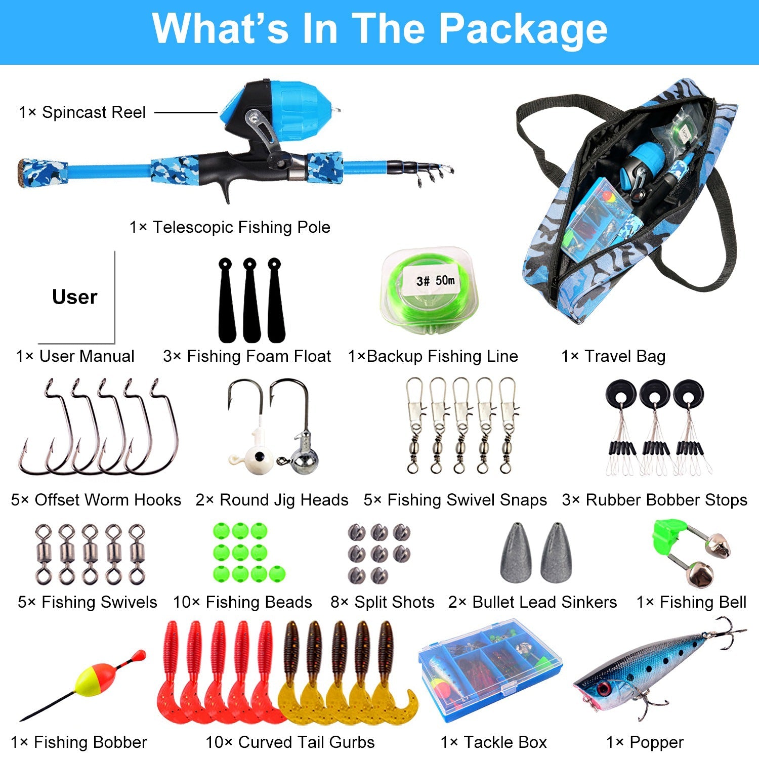 Kids fishing starter kit in travel bag with spincast reel, telescopic rod, tackle box, hooks