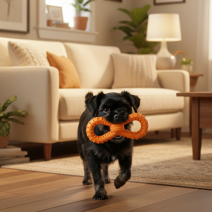 Orange molar ball dog toy in a small black dog’s mouth, textured grips
