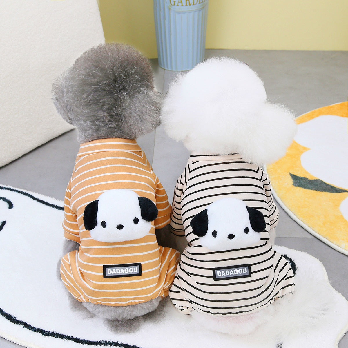 Pet dog two-leg sweater set, orange and black striped with panda face patch