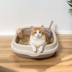 Anti-splash litter box with tan litter, white rim and gray scoop; cat sitting inside