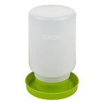 Translucent white gravity chick waterer jug with green base, front view
