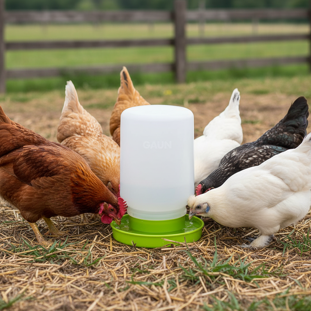 Gravity chick waterer with green base and translucent white refill jug