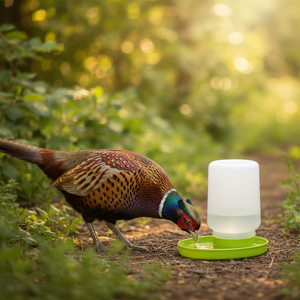 Gravity chick waterer near brown chicken with green base and white translucent jug