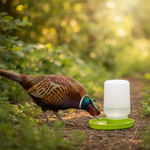 Gravity chick waterer near brown chicken with green base and white translucent jug
