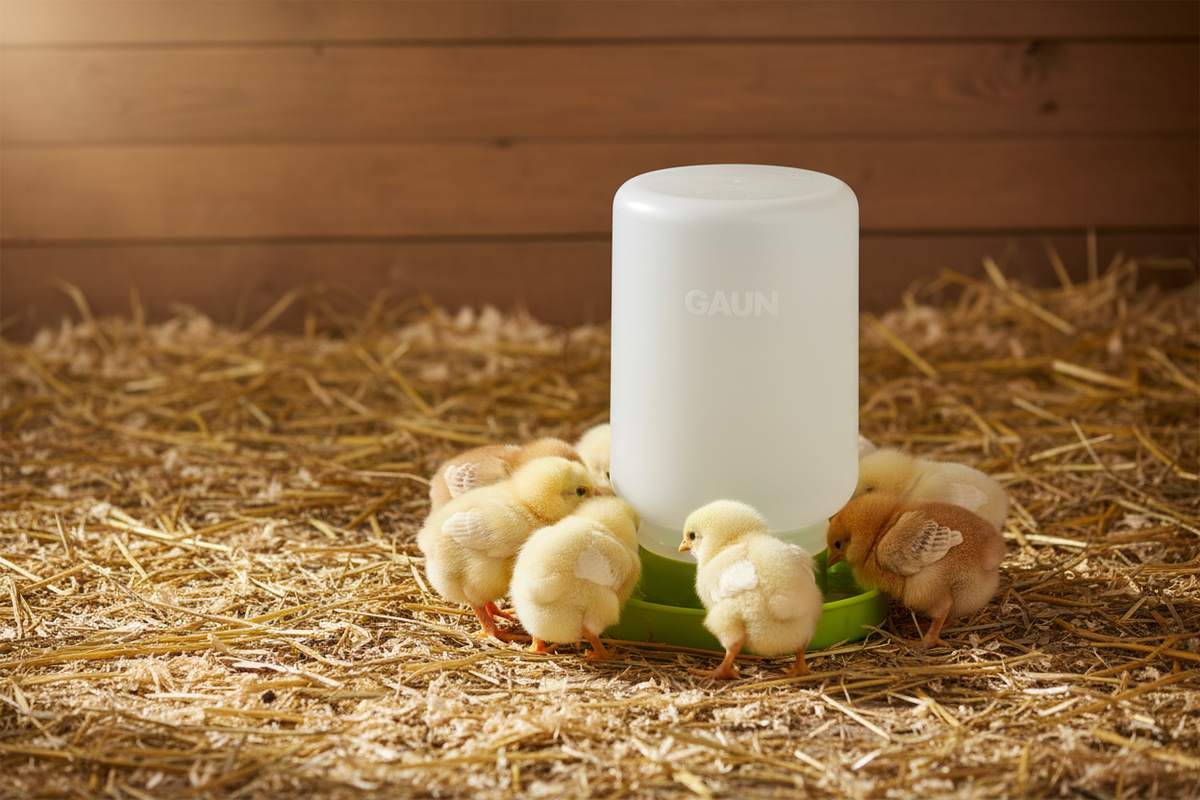 Gravity chick waterer on straw bedding, with green base and translucent white jug