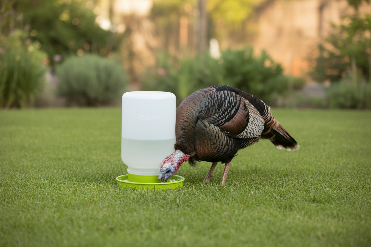 Gravity chick waterer with green base and translucent white jug in grassy yard