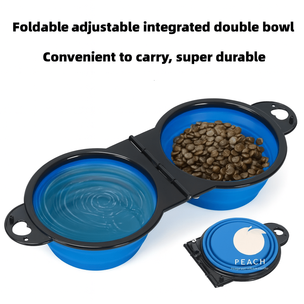 Foldable dual pet bowl set in blue with two connected dishes for food and water
