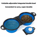 Foldable dual pet bowl set in blue with two connected dishes for food and water