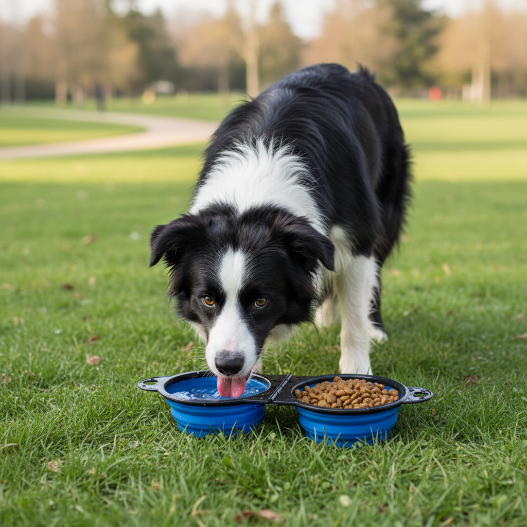 Blue foldable dual pet bowl with kibble in one cup