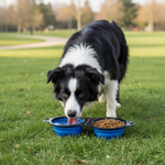 Blue foldable dual pet bowl with kibble in one cup