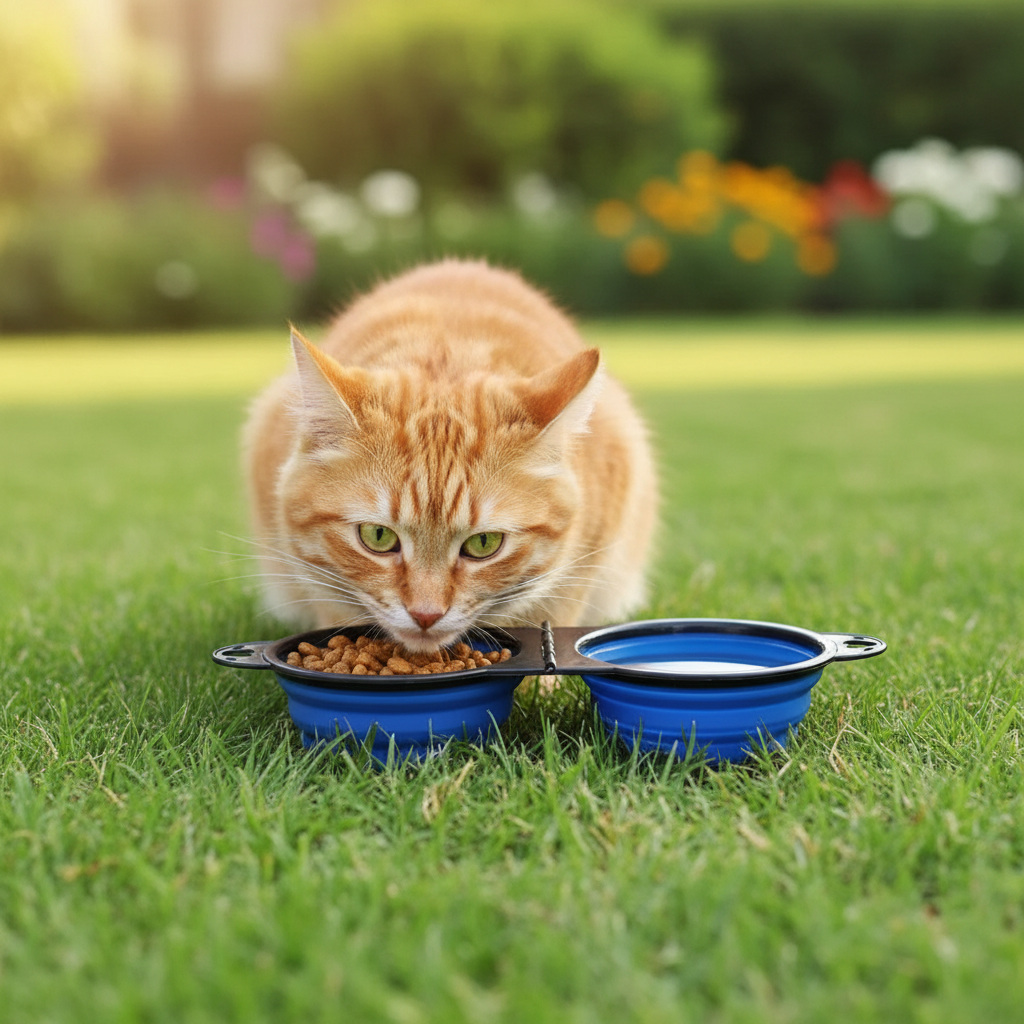 Blue foldable dual pet bowl with kibble in one cup and empty other cup