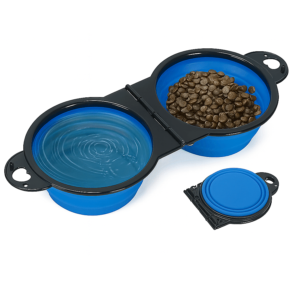 2-in-1 foldable dual pet bowl, blue: one side with kibble, one side with water