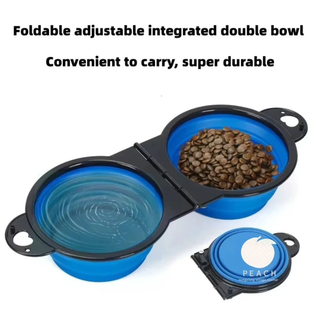 Blue 2-in-1 foldable dual pet bowl with kibble in one dish and water in the other