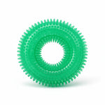 Green squeaky dog ball toy with raised nubs and outer spikes ring