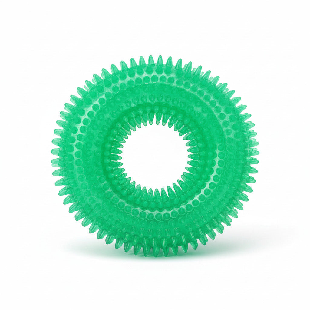 Green squeaky dog ball toy with raised nubs and outer spikes ring