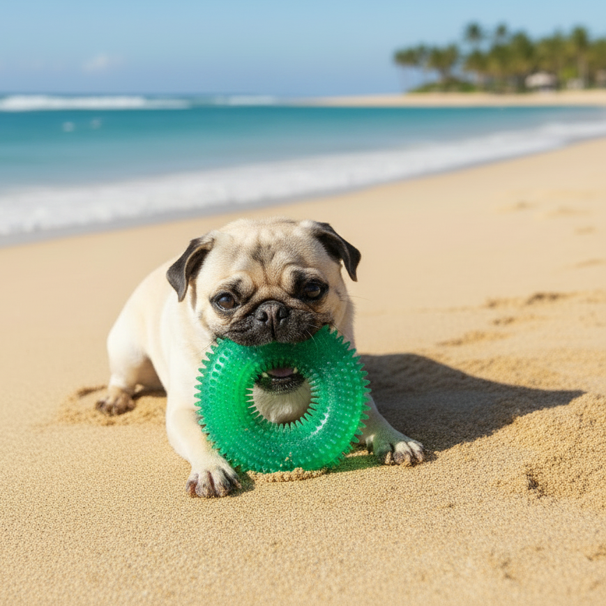 Green spiky squeaky dog ball toy on a dog outdoors, held in its mouth