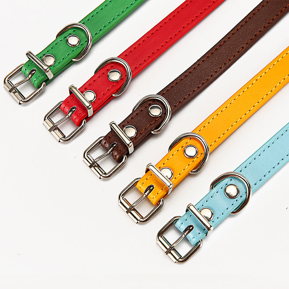 PU leather dog collars with silver buckles in green, red, brown, gold, and light blue