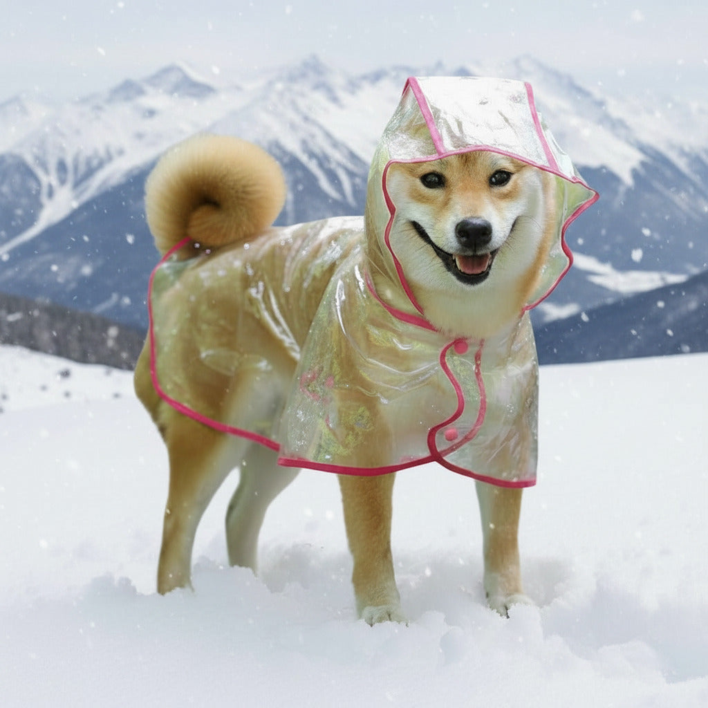 Waterproof pet raincoat for dogs, clear hooded poncho with pink trim and front closure