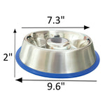 Stainless steel dog bowl dimensions: 7.3 in wide, 2 in high, 9.6 in long