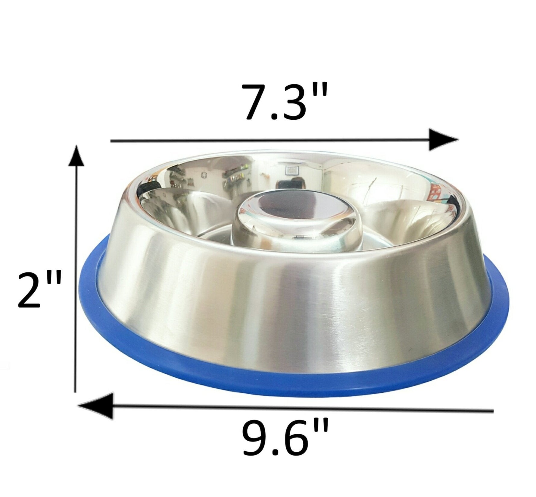 Stainless steel dog bowl dimensions: 7.3 in wide, 2 in high, 9.6 in long
