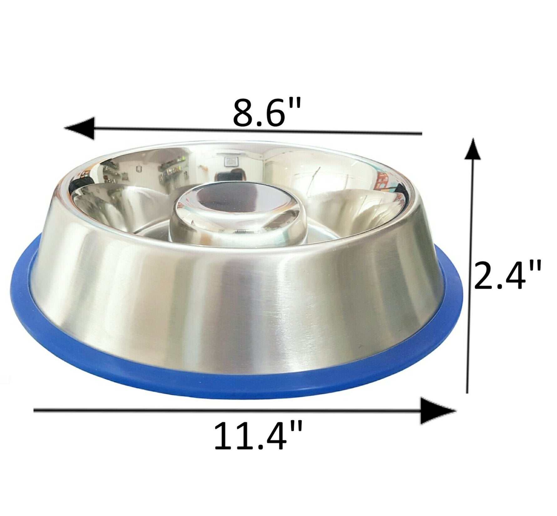 Stainless steel dog bowl dimensions: 8.6 in wide, 2.4 in high, 11.4 in long