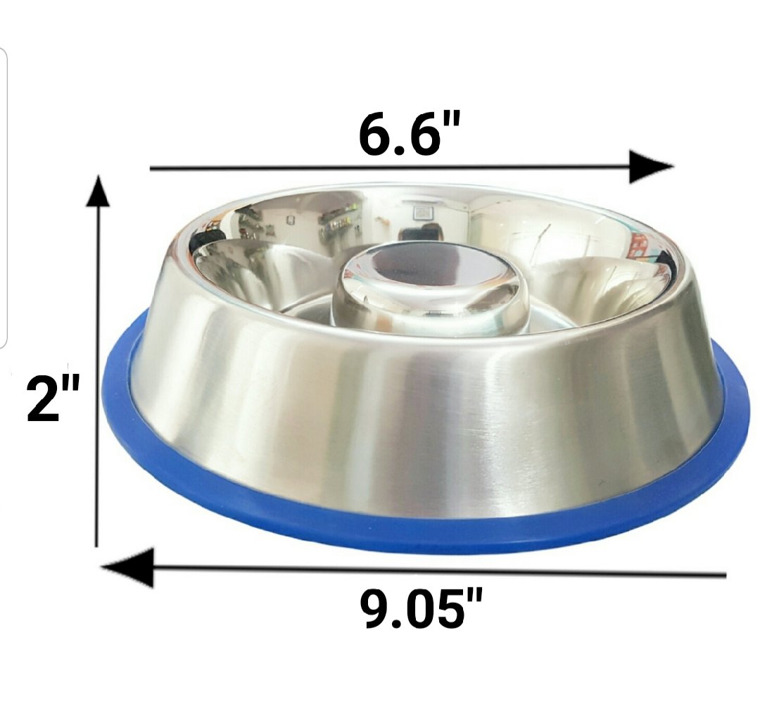 Stainless steel dog bowl dimensions: 6.6 in wide, 2 in high, 9.05 in long