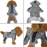 Gray four-leg pet hoodie shown from side and back, with hood and black stripe panels