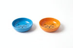 8 oz cat dish in blue and orange with cat-face print
